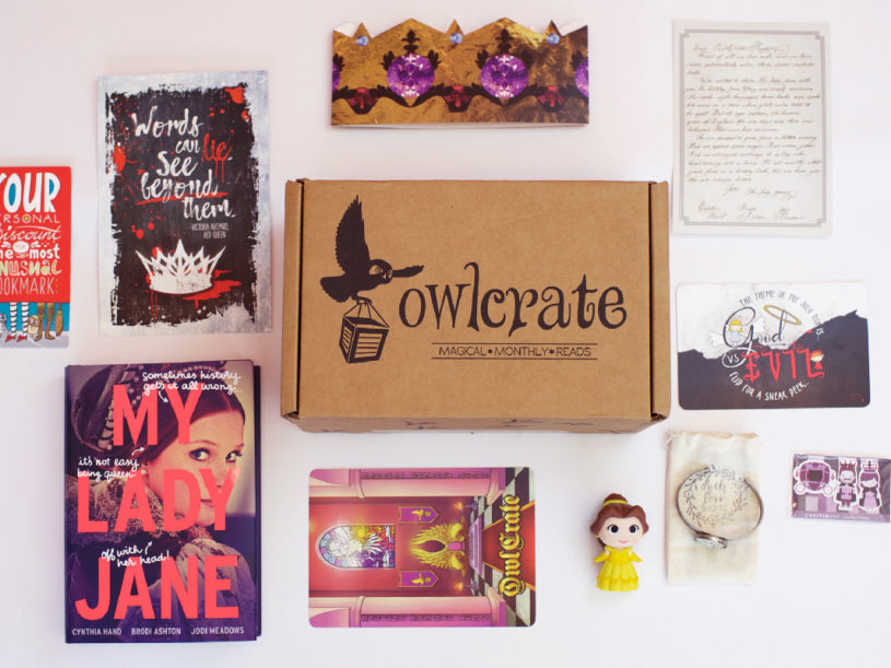 A closed OwlCrate subscription box surrounded by young adult books and related items.