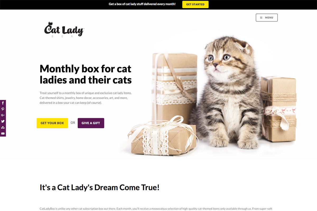 A screenshot of the Cat Lady Box website where you can order a Cat Lady subscription box. There's a kitten next to packages.