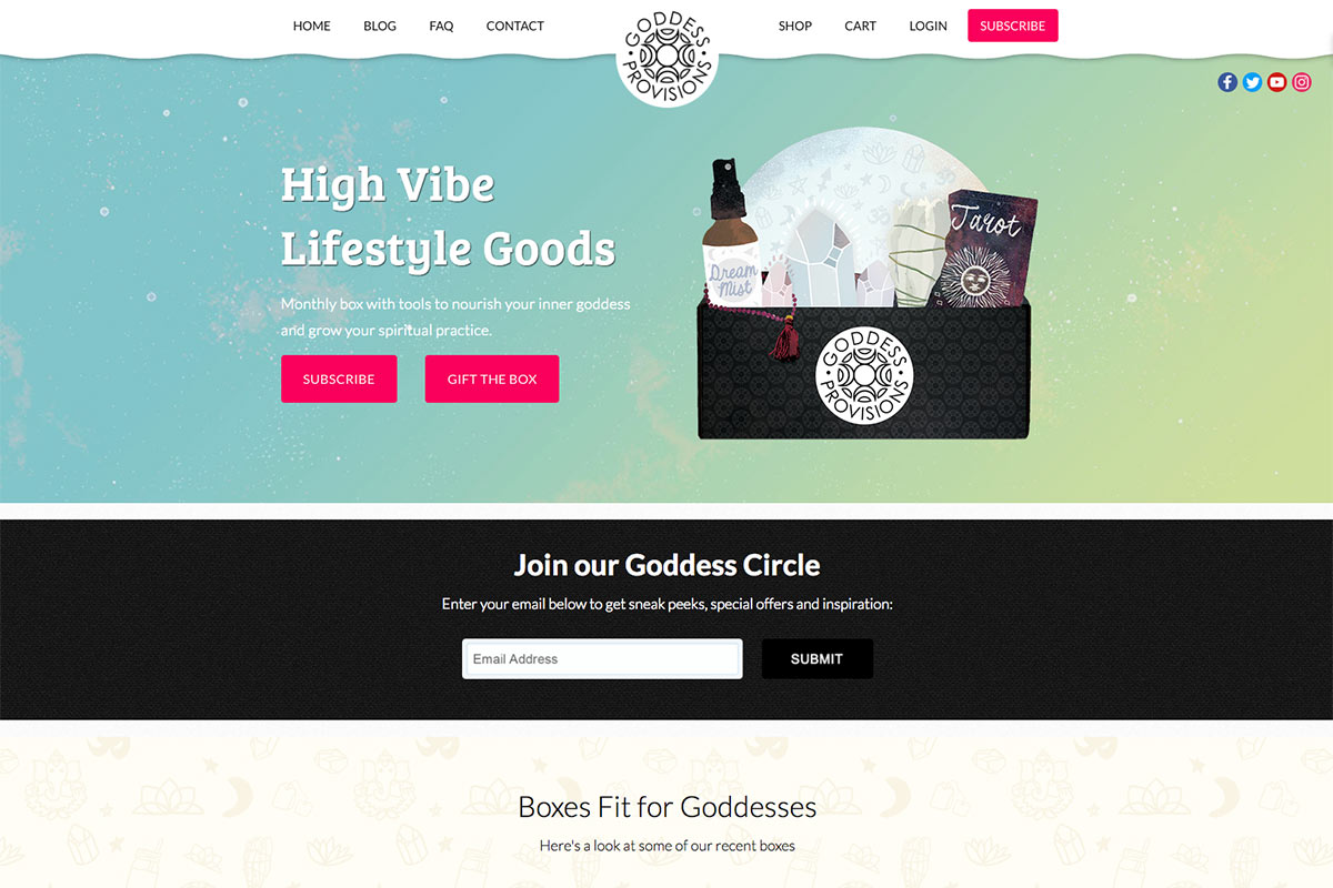 A screenshot of the Goddess Provisions subscription box website with the words High Vibe Lifestyle Goods Monthly box with...