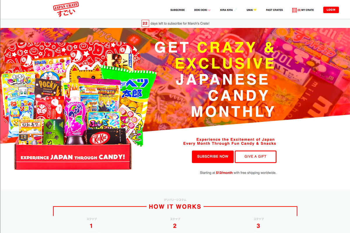 A screenshot of the Japan Crate subscription box website with the words get crazy and exclusive Japanese candy monthly.