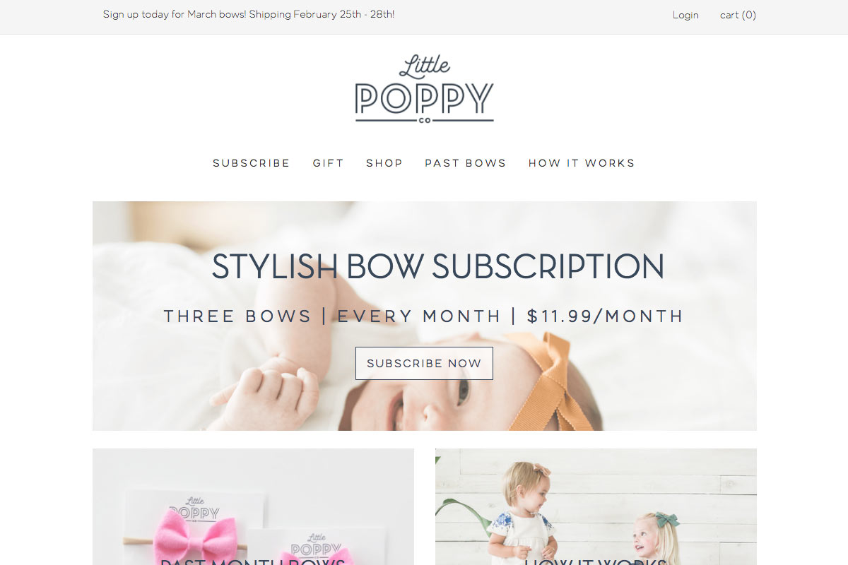 A screenshot of the Little Poppy subscription box website with the words Stylish Bow subscription, 3 bows, every month...