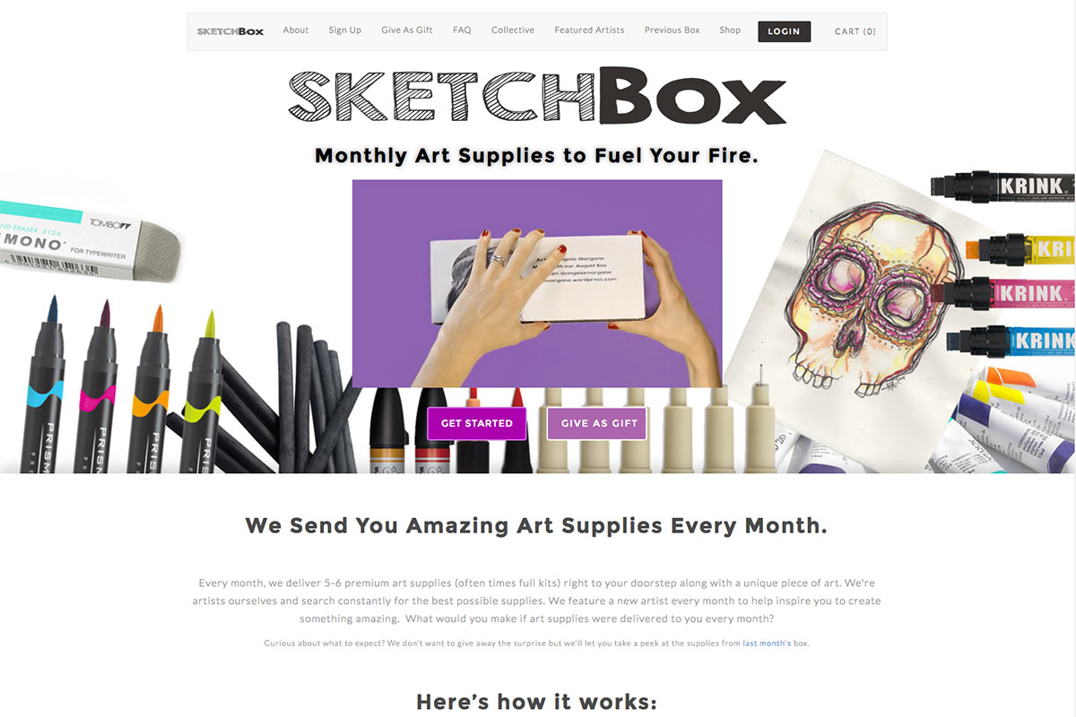A screenshot of the SketchBox subscription box website with the words Monthly Art Supplies to fuel your fire. We send...